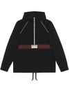 Gucci Logo Web Half-zip Cotton Jersey Hoodie In Black