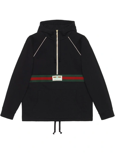 Gucci Logo Web Half-zip Cotton Jersey Hoodie In Black  