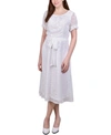 Ny Collection Plus Size Short Sleeve Belted Swiss Dot Dress In Ivory Multi Circle