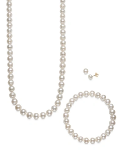 Macy's Cultured Freshwater Pearl 3 Piece Set, Necklace, Earrings And Bracelet In 14k Gold In 14 Karat Yellow Gold