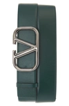 Valentino Garavani Vlogo Buckle Leather Belt In English Green