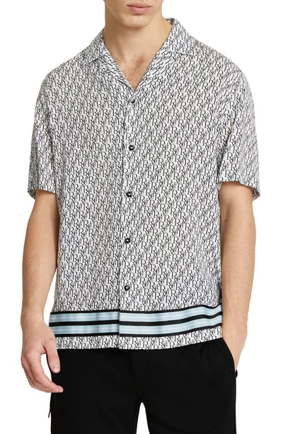 River Island Revere Taped Monogram Short Sleeve Button-up Shirt In White