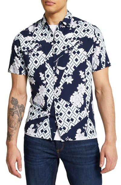 River Island Geometric & Floral Print Short Sleeve Button-up Shirt In Navy