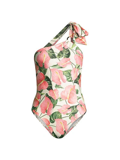 Agua By Agua Bendita Floral One-shoulder One-piece Swimsuit In Pink/green
