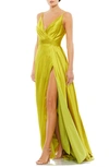 Mac Duggal Wrap Front Pleated Satin Gown In Chartreuse