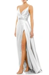 Mac Duggal Wrap Front Pleated Satin Gown In White