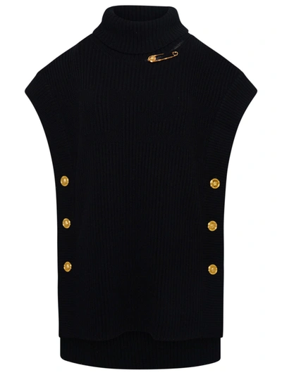 Versace Embellished Ribbed Wool Turtleneck Top In Black