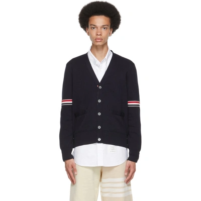 Thom Browne Tricolour Stripe Detail V-neck Cotton Cardigan In Blue