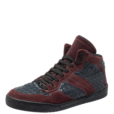 Pre-owned Bottega Veneta Burgundy/navy Blue Suede And Intrecciato Leather High Top Lace Up Sneakers Size 43