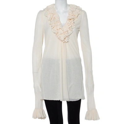 Pre-owned Ralph Lauren Cream Cotton Long Sleeve Ruffled Tunic M