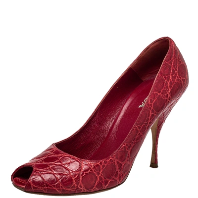 Pre-owned Prada Red Embossed Leather Peep Toe Pumps Size 40