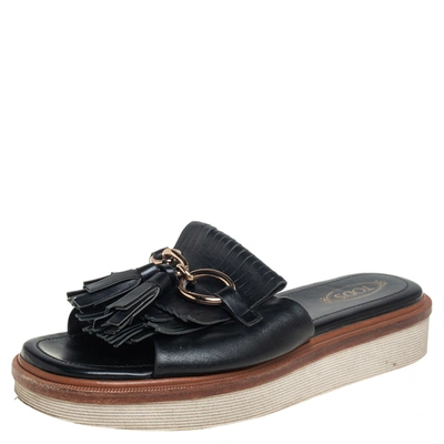 Pre-owned Tod's Black Leather Fringe And Tassel Detail Slide Sandals Size 38
