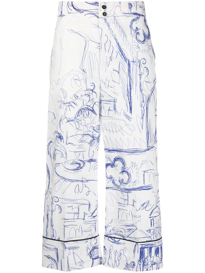 Erika Cavallini White Sketch-print Cropped Trousers