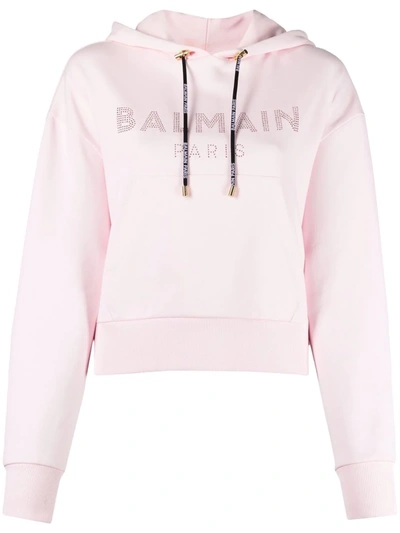 Balmain Logo有机棉短款连帽卫衣 In Pink