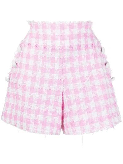 Balmain Button-embellished Gingham Tweed Shorts In Pink