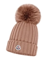 MONCLER RIBBED WOOL BEANIE WITH FUR POMPOM,PROD155820196
