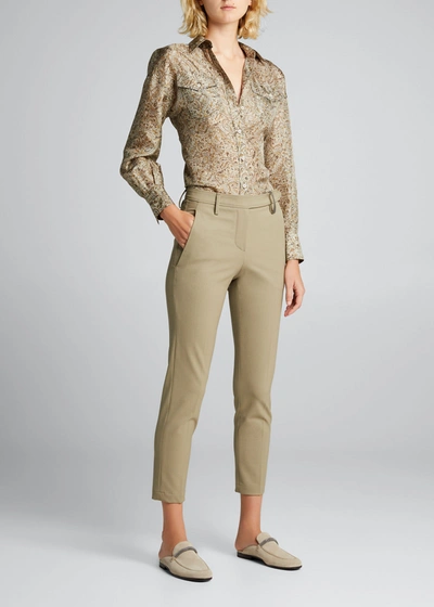 Brunello Cucinelli Paisley-print Silk Blouse W/ Monili Pocket Trim In C6901 Brown Paisl