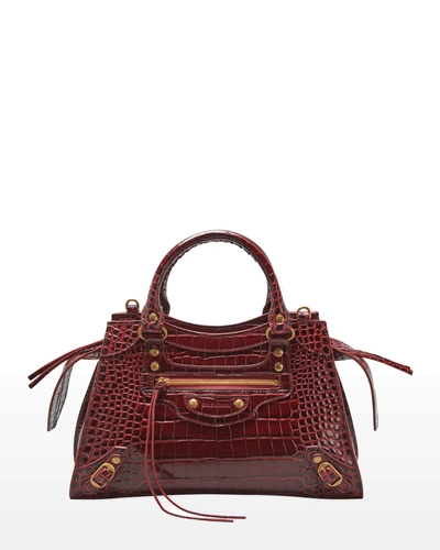 Balenciaga Small Neo Classic City Croc Embossed Leather Top Handle Bag In 6211 Dark Red