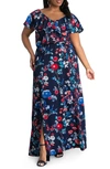 Kiyonna Willow Crepe Maxi Dress In Red White Bloom Print