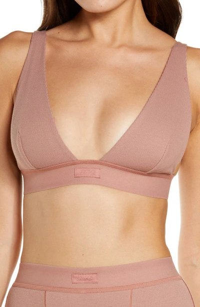 Skims Cotton Collection Plunge Ribbed Cotton-blend Jersey Bralette In Rose Clay