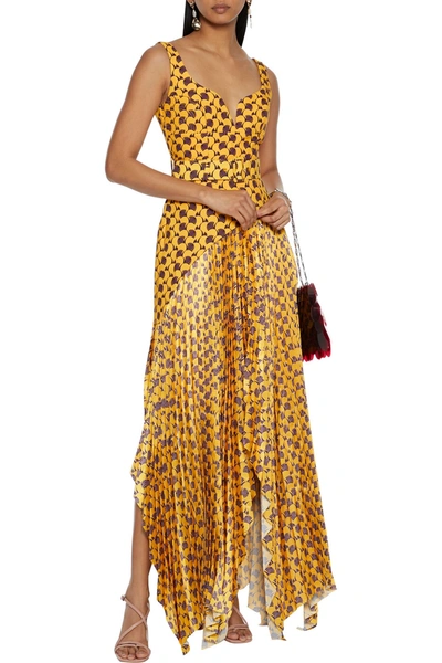 Solace London Belted Paneled Pleated Hammered-satin And Crepe Maxi Dress In Ocher