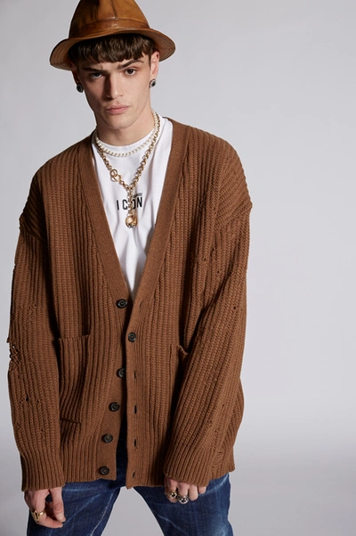 Dsquared2 Distressed Wool Knit Cardigan In Brown