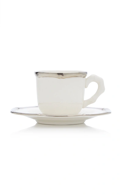 Este Ceramiche For Moda Domus Set-of-two Bamboo Platinum-trimmed Large Ceramic Coffee Cup And Saucer In Silver