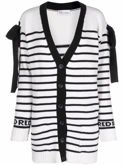 Red Valentino White Cardigan In Wool Blend With Black Stripes And Bows