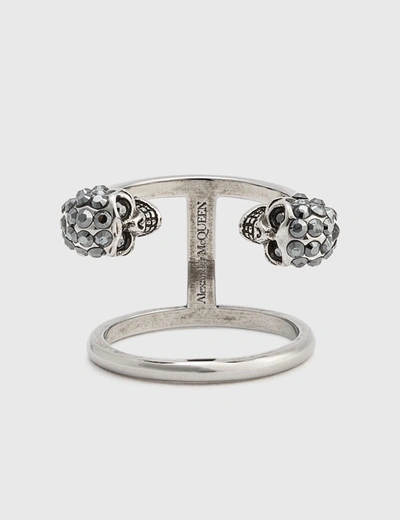 Alexander Mcqueen Twin Skull Double Ring In Silver