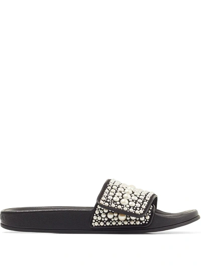 Jimmy Choo Fitz Faux-pearl Embellished Canvas Slides In Black