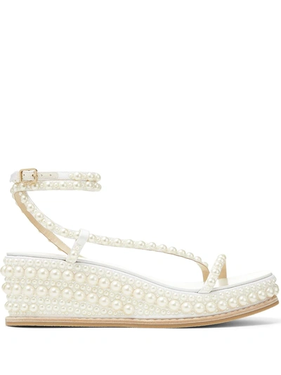 Jimmy Choo Drive Faux Pearl-embellished Leather Espadrille Wedge Sandals In White/white
