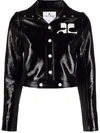 Courrèges Glossy Black Coat With High Collar And Logo Detailing In Green