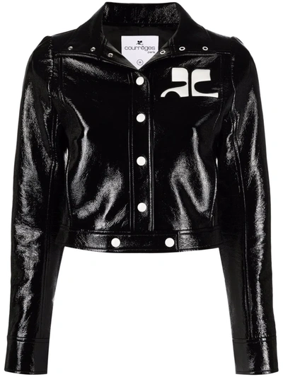 Courrèges Glossy Black Coat With High Collar And Logo Detailing In Green