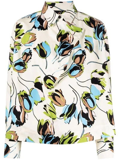 Marni Floral-print Long-sleeve Blouse In Nude