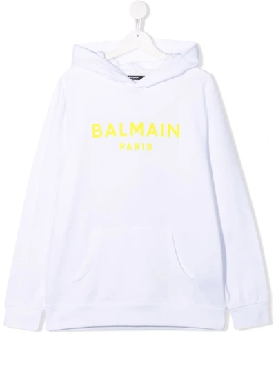 Balmain Kids White Hoodie With Yellow Velvet Logo In Bianco/giallo