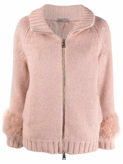 Herno Feather-embellished Zipped Cardigan In Rosa