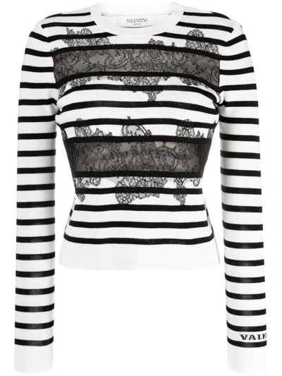 Valentino White And Black Striped Pullover In Nero