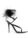 Saint Laurent Women's Instinct Pointed Toe Feather Trim High Heel Thong Sandals In Black