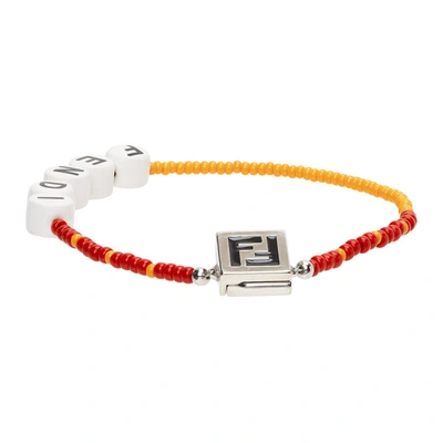 Fendi Logo-detailed Ceramic And Palladium-plated Beaded Bracelet In Orange