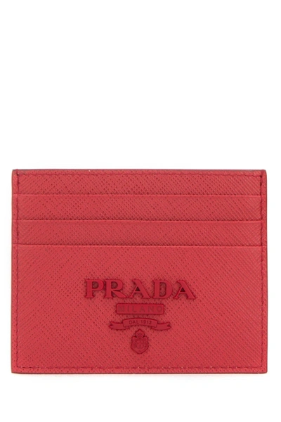 Prada Logo Plaque Saffiano Cardholder In Red