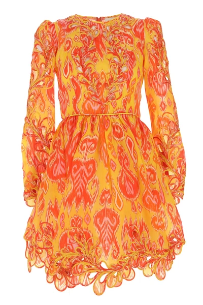 Zimmermann Brightside Rouleaux Puff-sleeve Mini Dress In Yellow