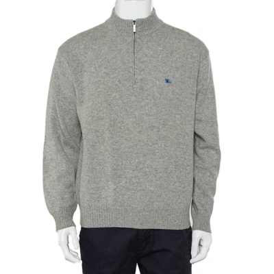 Pre-owned Burberry Grey Lambwool Half Zip High Neck Sweater M
