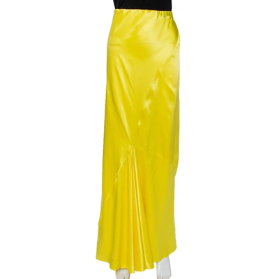 Pre-owned Roberto Cavalli Yellow Silk Satin Flared Maxi Skirt L