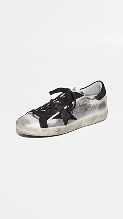 Golden Goose Superstar Distressed Metallic Leather And Suede Trainers In Silver