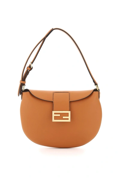 Fendi Small Croissant Leather Shoulder Bag In Brown,orange