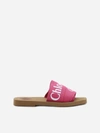 CHLOÉ WOODY SANDALS IN CANVAS WITH CONTRASTING LOGO PRINT,C19U18808 -6O8