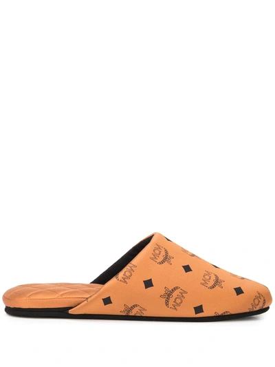 Mcm Monogram Silk Satin Slippers In Brown