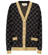 Gucci Womens Blue/gold Monogram-pattern Ribbed-trim Cotton-blend Knitted Cardigan In Blue
