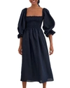Sleeper Atlanta Balloon-sleeve Linen Dress In Navy