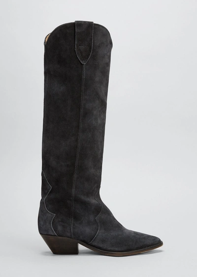 Isabel Marant Denvee Suede Tall Western Boots In Faded Black
